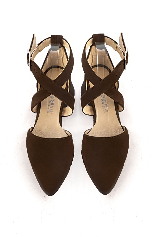 Dark brown women's open side shoes, with crossed straps.. Top view - Florence KOOIJMAN